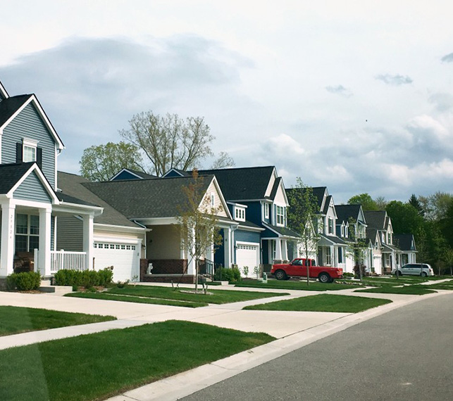 Residential street with newly constructed homes