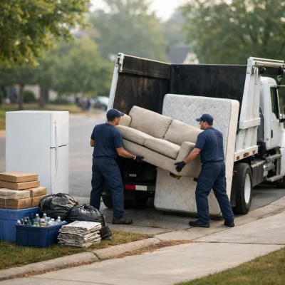 Crew loading a sofa and mattress into a roll-off truck for bulk item removal at a curb in Raleigh, NC.