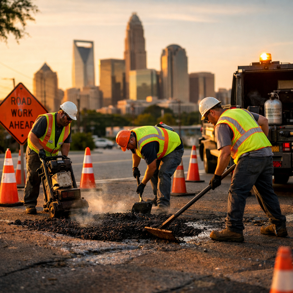 Pavement maintenance crew making a pothole repair in an urban Charlotte, NC street with traffic cones and a service truck